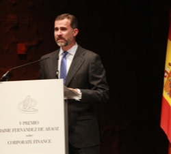 Su Alteza Real el Príncipe de Asturias, durante su intervención en la entrega de los Premios Jaime Fernández de Araoz